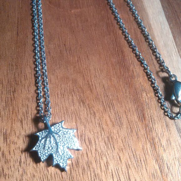 White Diamond Accent Platinum Bond Leaf Pendant Stainless Steel Necklace - Picture 8 of 10